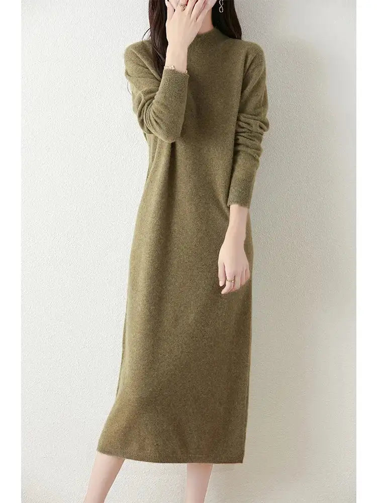 Autumn Winter Women's Wool Long Dress Cashmere Mock Neck Pullover Sweater 100% Merino Wool Soft Knitwear OL Simple Basic Dress - Lootquake
