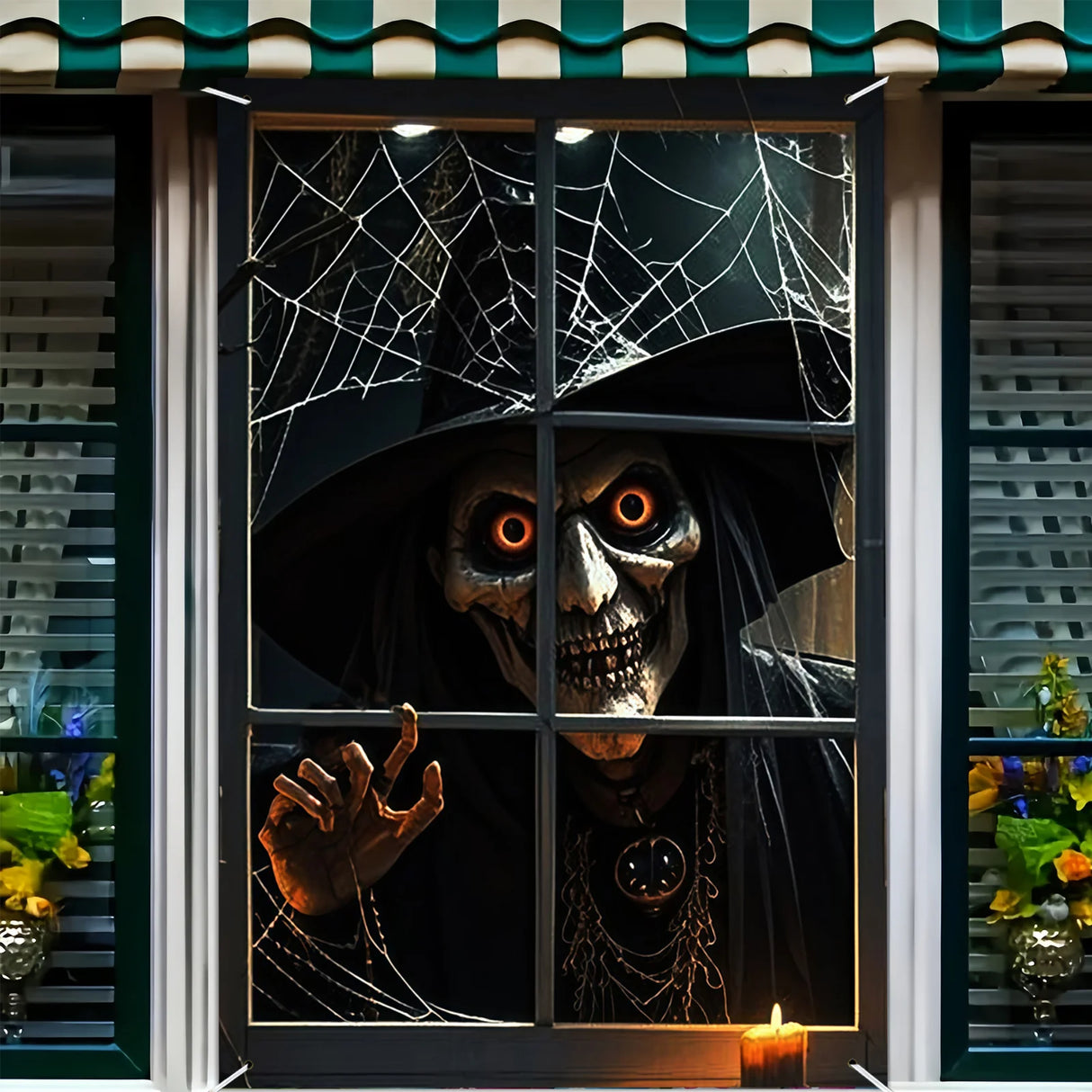 Décoration d'Halloween, 1 pièce, bannière de fenêtre en polyester avec des motifs terrifiants et fantastiques, thème de sorcière maléfique