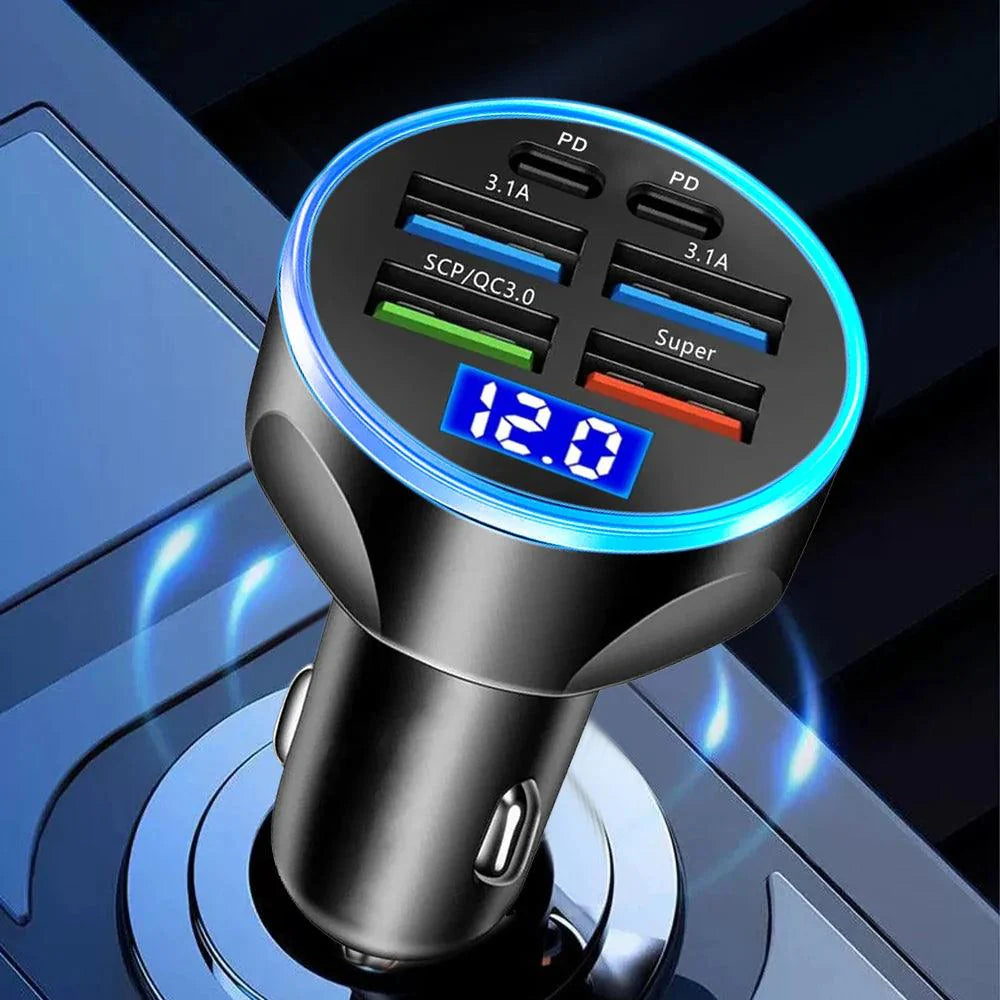 66-250W PD Car Charger QC3.0 Fast Charge with Digital Display 4USB and 2PD Ports for Car Cigarette Lighter Plug