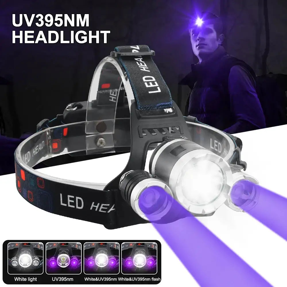 Headlamp Green/Red/UV395nm+White Dual Light Rechargeable Fixed Focus Waterproof 4Modes Headlight Hunting Camping Hiking Working - Lootquake