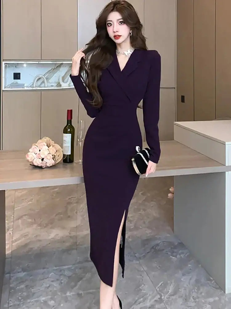 Women Pink Pleated Bodycon Formal Long Dress Autumn Winter Long Sleeve Chic Suit Dress 2025 Korean Fashion Elegant Party Dresses - Lootquake