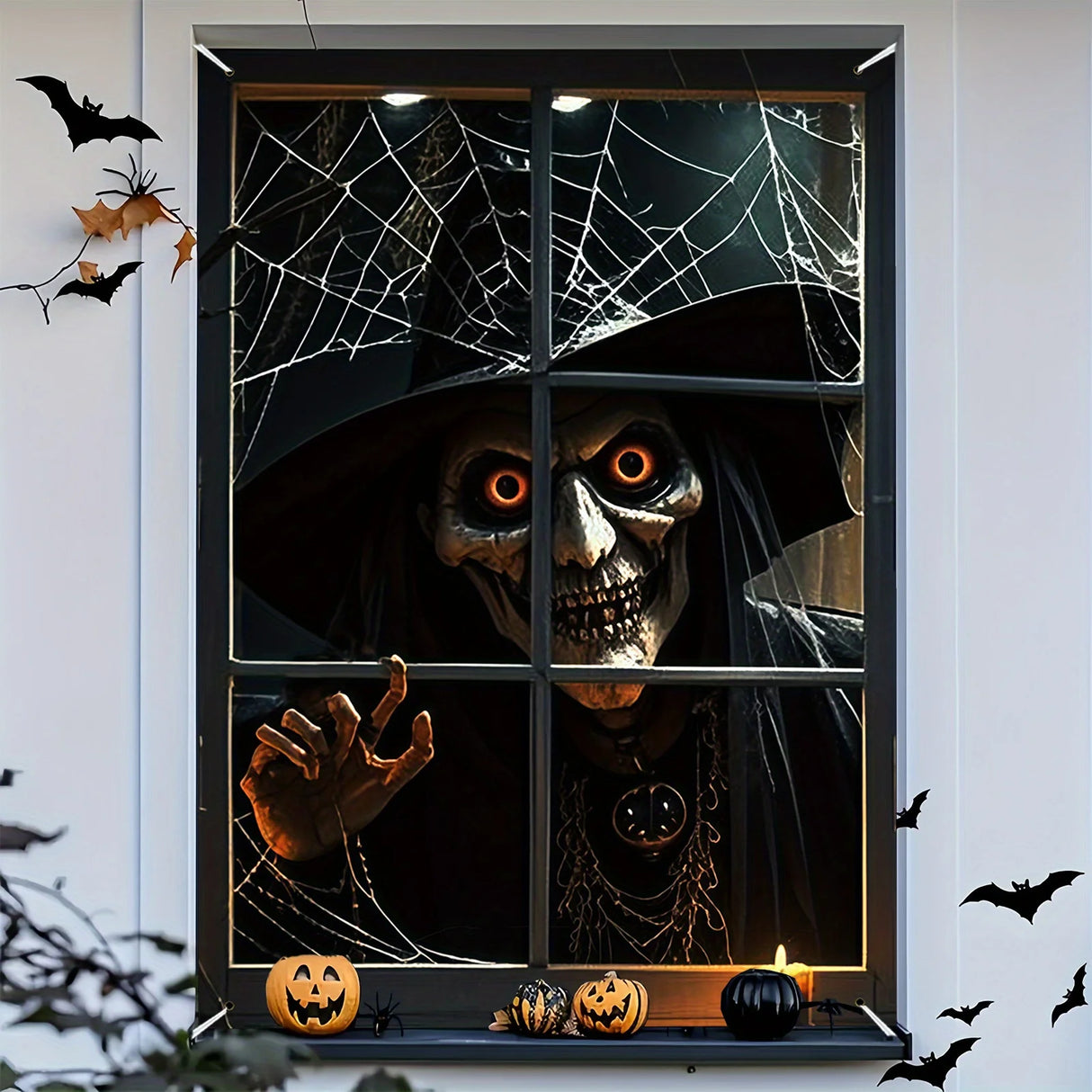 Décoration d'Halloween, 1 pièce, bannière de fenêtre en polyester avec des motifs terrifiants et fantastiques, thème de sorcière maléfique