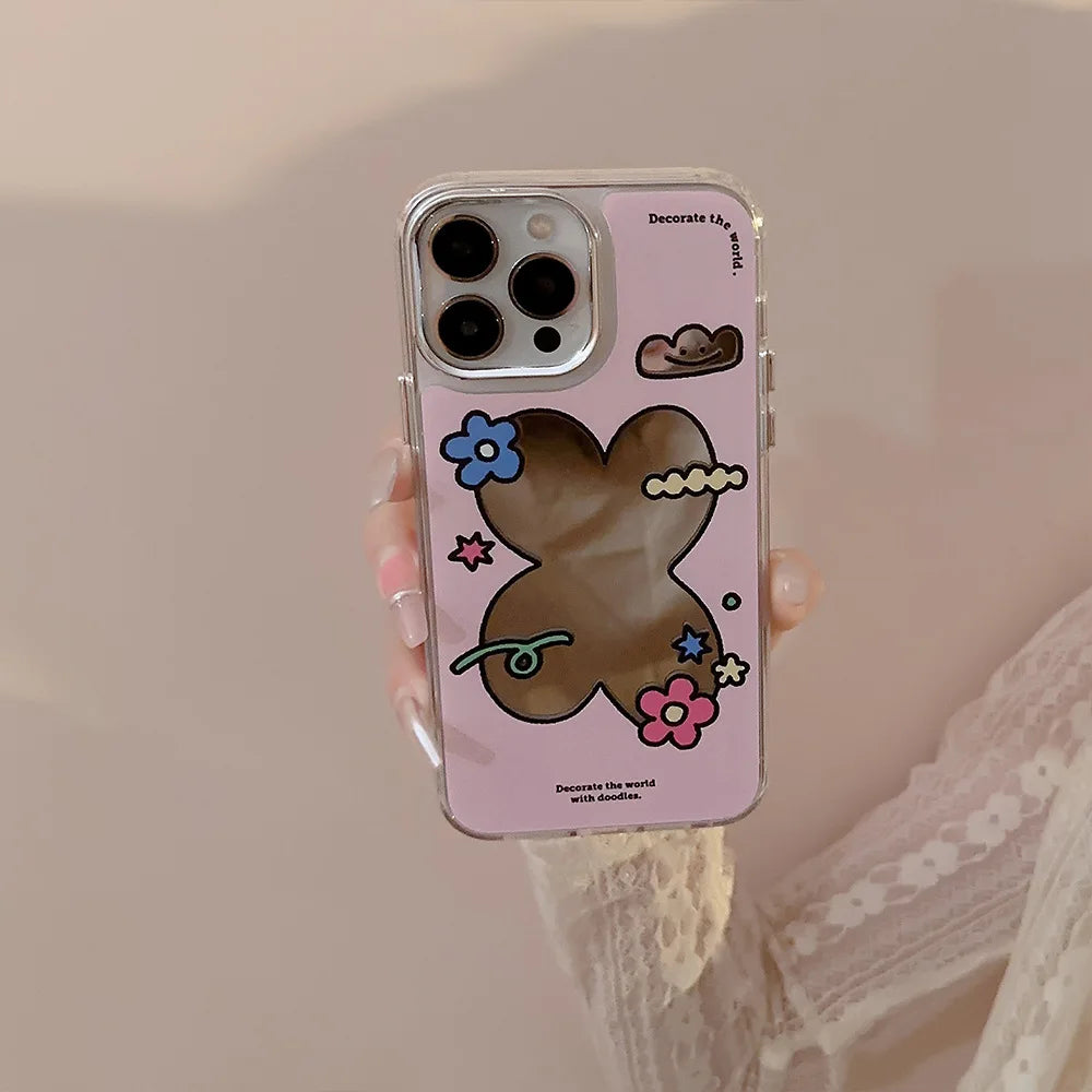 Estuche para iPhone con espejo de maquillaje y cadena, con diseño de flores, galvanizado