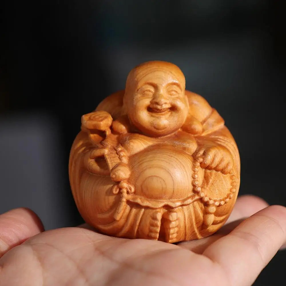 Home Decor Woodcarving Laughing Buddha Maitreya Sculpture Miniature Wooden Buddha Statue Craft Mini Handmade Statue Table Top