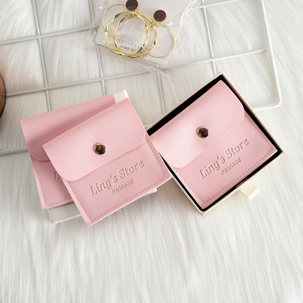 50/100Pcs Custom Logo 8x8cm PU Leather Jewelry Snap Bag Gold Button Pouches Ring Earring Necklace Wedding Favors Gift Organizer - Lootquake