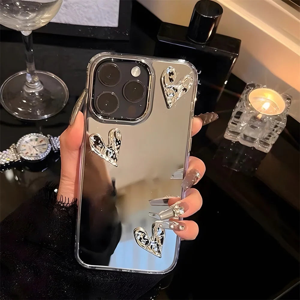 Funda para teléfono con espejo y corazón de amor 3D