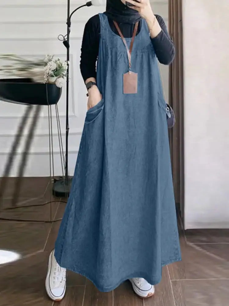 Summer Muslim Long Dress Abaya ZANZEA Women Vintage Sleeveless Denim Blue Maxi Vestidos Dubai Robe Casual Loose Ramadan Sundress - Lootquake