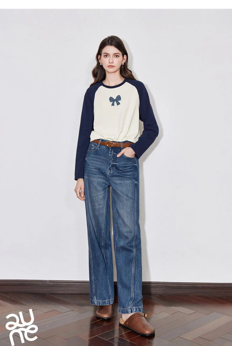 TOYOUTH Women T-shirt 2024 Autumn New Denim Bow Contrasting Color Raglan Sleeve Pullover Casual Tops - Lootquake