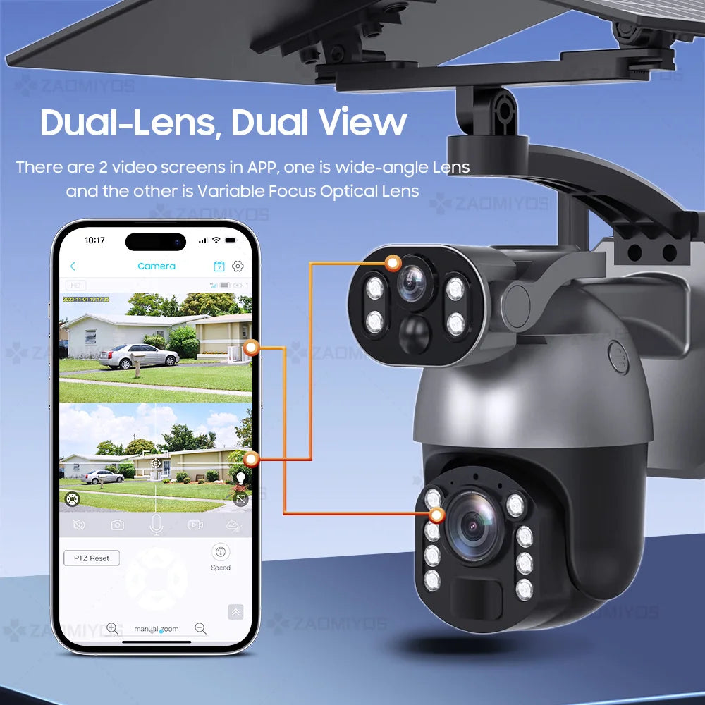 Caméra solaire 10 MP, zoom x50, double objectif, 4G, SIM, WIFI, surveillance extérieure, PTZ, détection humaine, enregistrement, vision nocturne