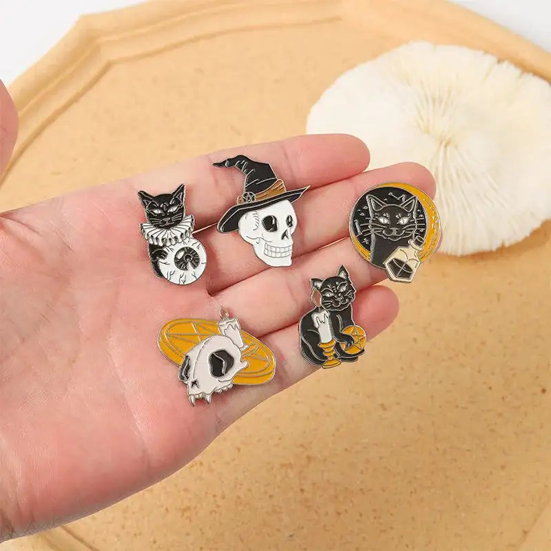 Punk Style Brooch Skull Rose Heart Brooch Halloween Cat Head Compass Wizard Hat Black Cat Alloy Brooches Enamel Badge Lapel Pins - Lootquake