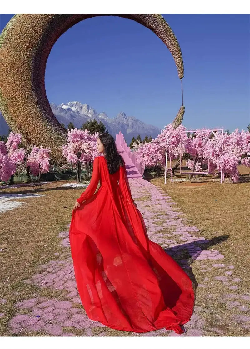 2025 Spring/Summer Silk Dress with Charm Seaside Vacation Beach Dress Red Extra Long Tailed Long Dress White Elegant And Gracefu - Lootquake