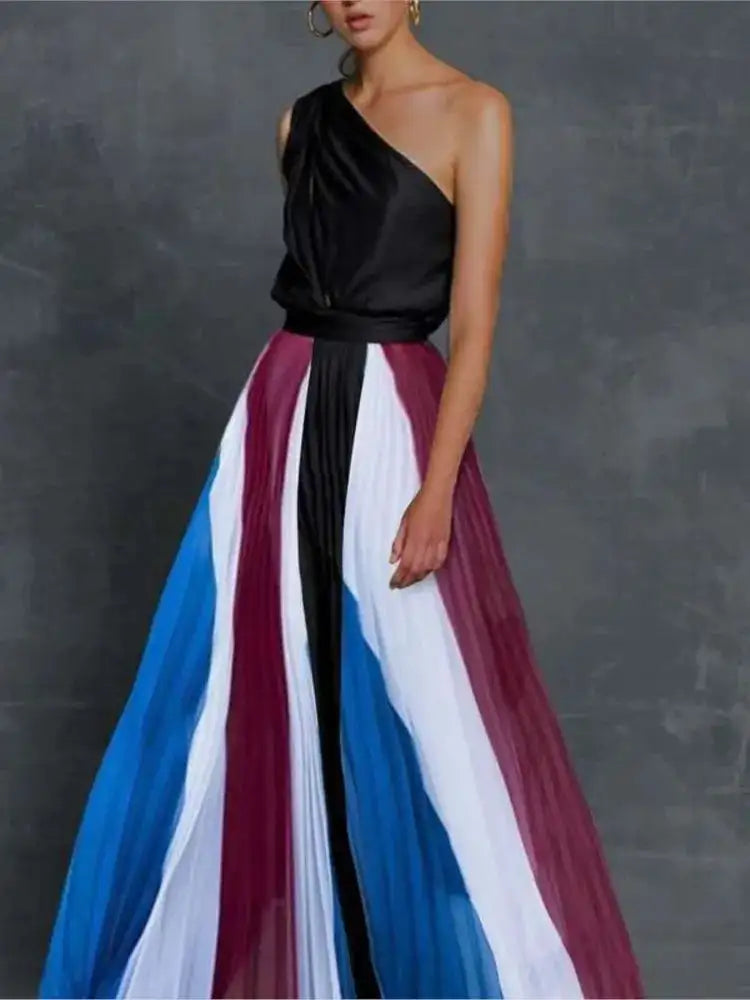 2024 Spring Summer New One Shoulder Dresses Women Splicing Print Off Shoulder Loose Long Dress Fashion Ladies Commuting Vestidos - Lootquake