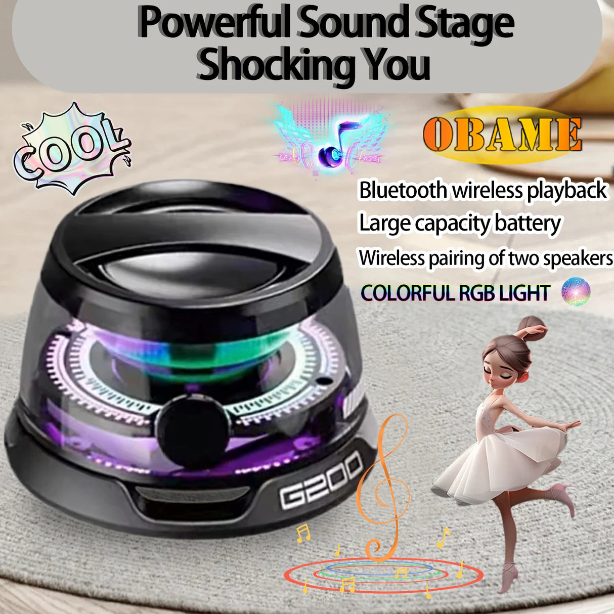 Minialtavoz Bluetooth portátil G200 con iluminación RGB, altavoz magnético BT5.3, minicaja de sonido, 7 horas de reproducción, soporte para teléfono, novedad de 2025