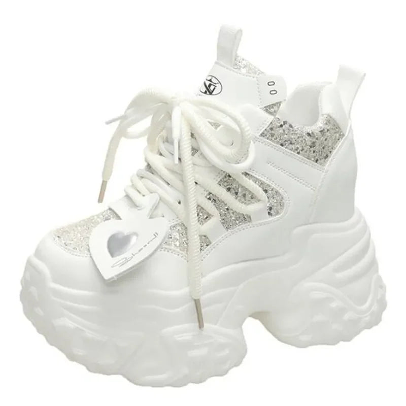 10.5CM Women Casual Platform Sneakers High Heels New Autumn Sports Leather Shoes Bling Trainers Chunky Sneaker Zapatos Mujer - Lootquake
