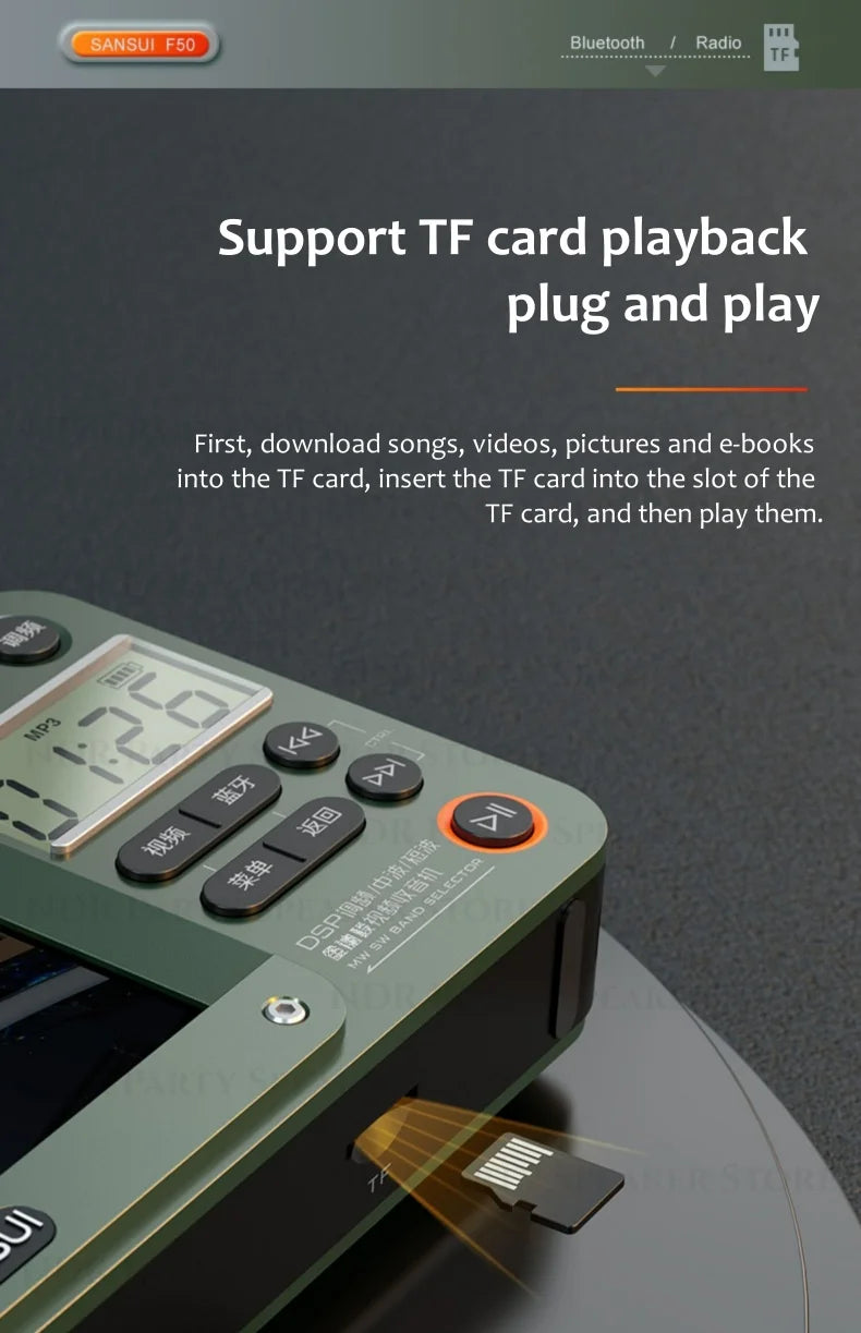 Enceintes Bluetooth sans fil SANSUI, radio pleine bande, lecteur vidéo LED HD, baladeur MP4 portable, batterie rechargeable intégrée