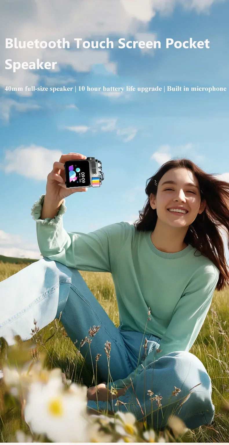 Mini haut-parleur Bluetooth intelligent à écran tactile, lecteur audio portable, appel mains libres sans fil, boîte à musique MP3, prise en charge de la lecture TF, contrôle par application