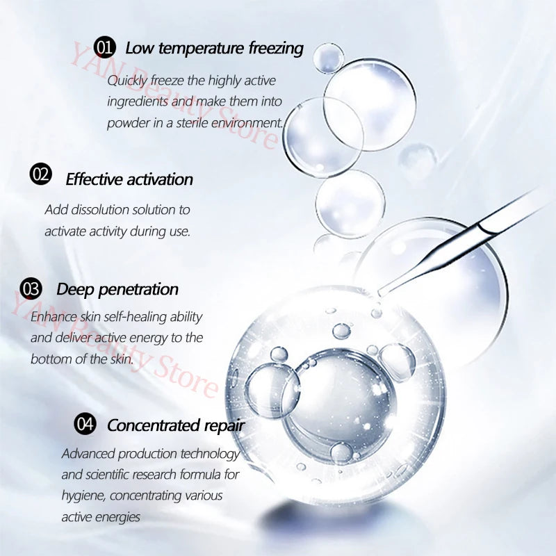 Set de oligopéptidos antiarrugas en polvo liofilizado, suero nutritivo, reparador de colágeno y reafirmante con ácido hialurónico para el cuidado de la piel.