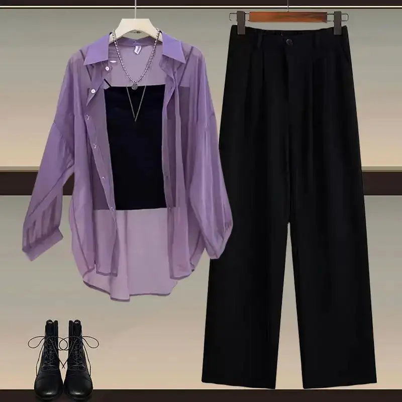 Summer Set Women's 2024 New Style Wear Sunscreen Chiffon Shirt with Slimming Slimming Suit Pants Three Piece Set - Lootquake