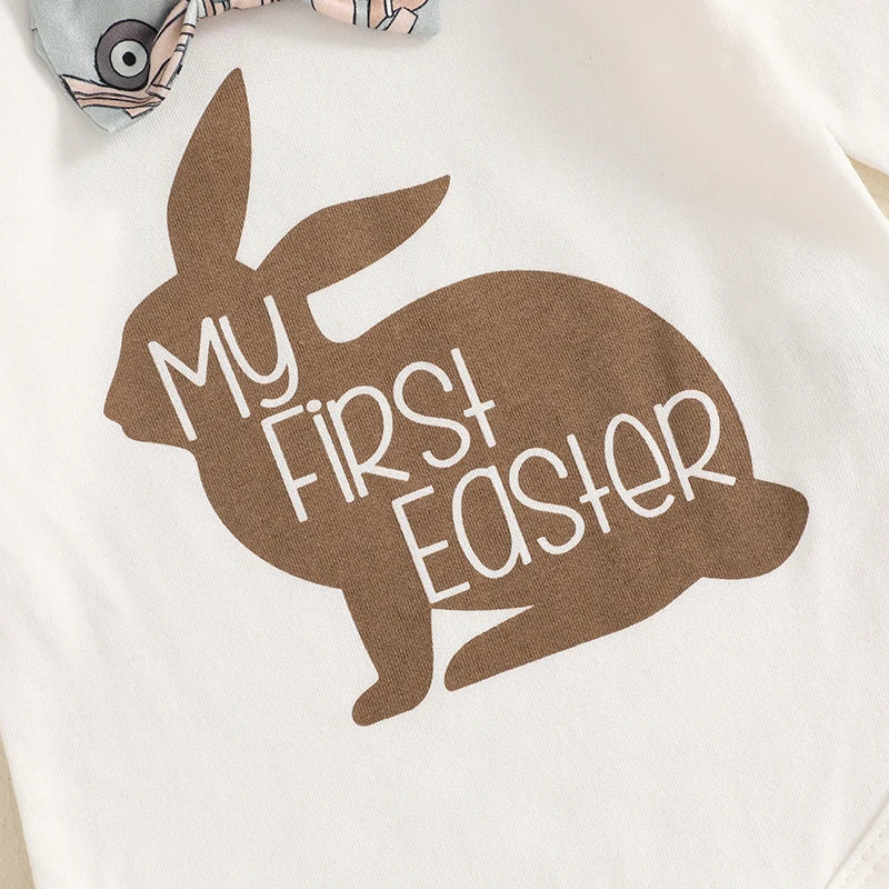 Baby Girl Easter Outfit Floral Print Ruffle Sleeve Romper Headband Tutu Skirt Leg Warmers 4 Pcs Set Bunny Ear Bow - Lootquake