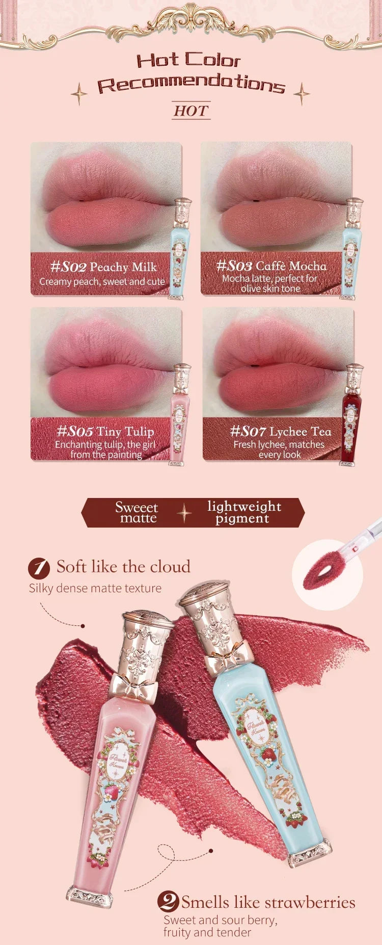 Flower Knows Strawberry Rococo Series Cloud Lip Cream Gloss à lèvres longue tenue Velvet Lip Tint Rouge à lèvres pour femmes Cosmétique