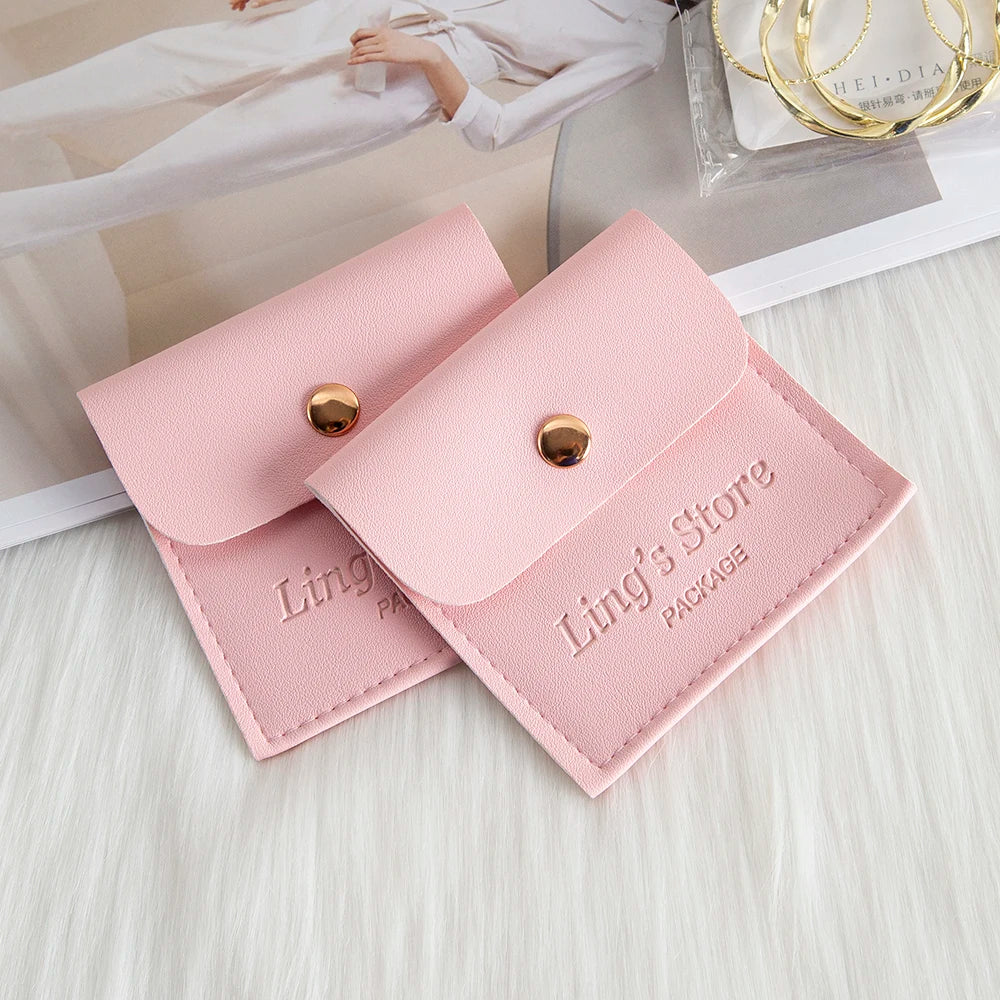50/100Pcs Custom Logo 8x8cm PU Leather Jewelry Snap Bag Gold Button Pouches Ring Earring Necklace Wedding Favors Gift Organizer - Lootquake