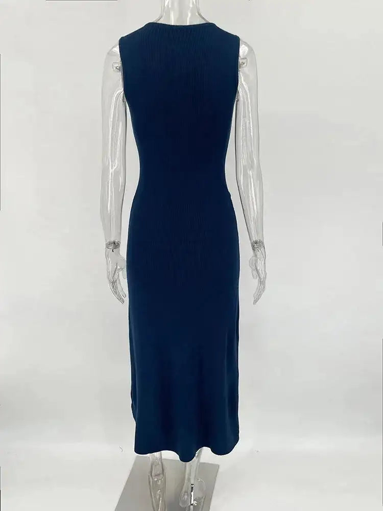 Fashion Knitted Long Dress For Women Elegant Sleeveless Button Maxi Sweater Bodycon Dresses Female Party Fashion Vestidos 2024 N - Lootquake