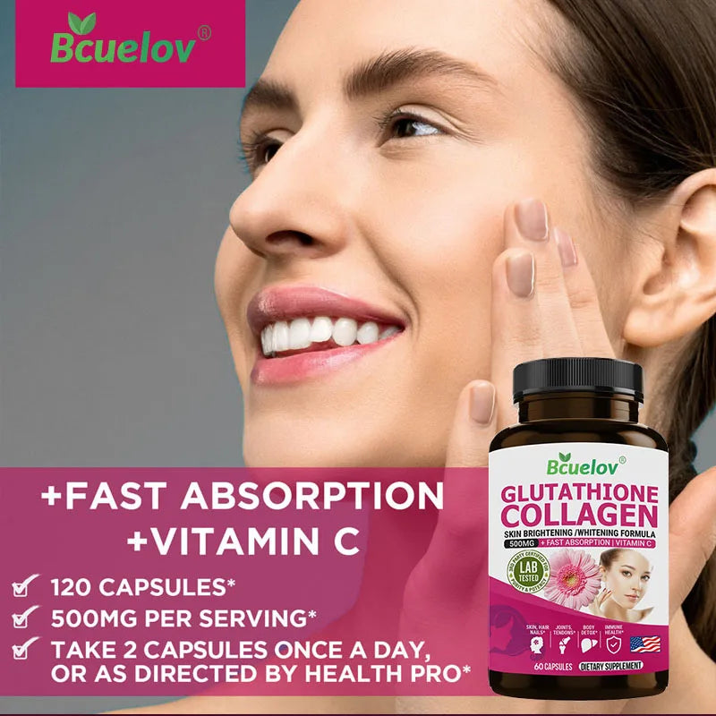 Suplemento de colágeno y glutatión: favorece la salud de la piel, el cabello, las uñas y los huesos. Es antioxidante.