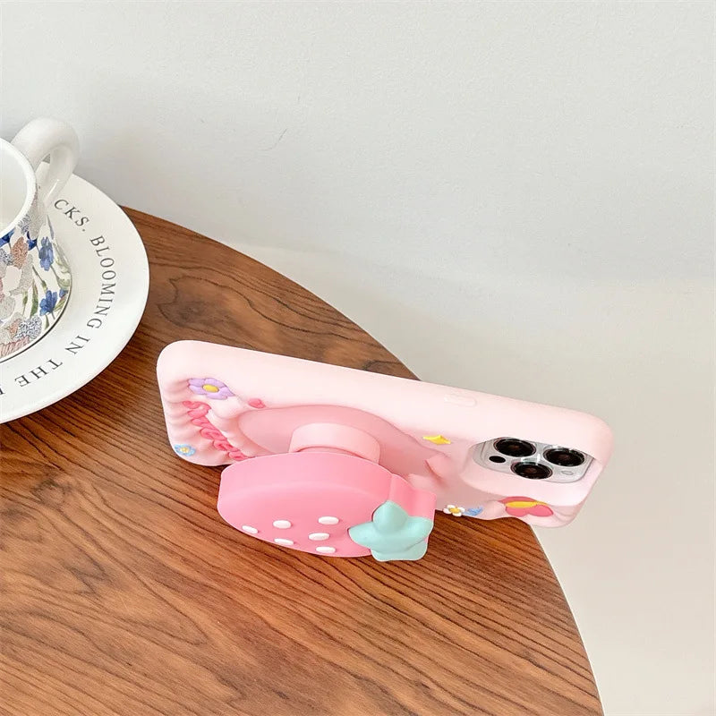 Funda de silicona con soporte telescópico para iPhone con diseño de fresa en 3D