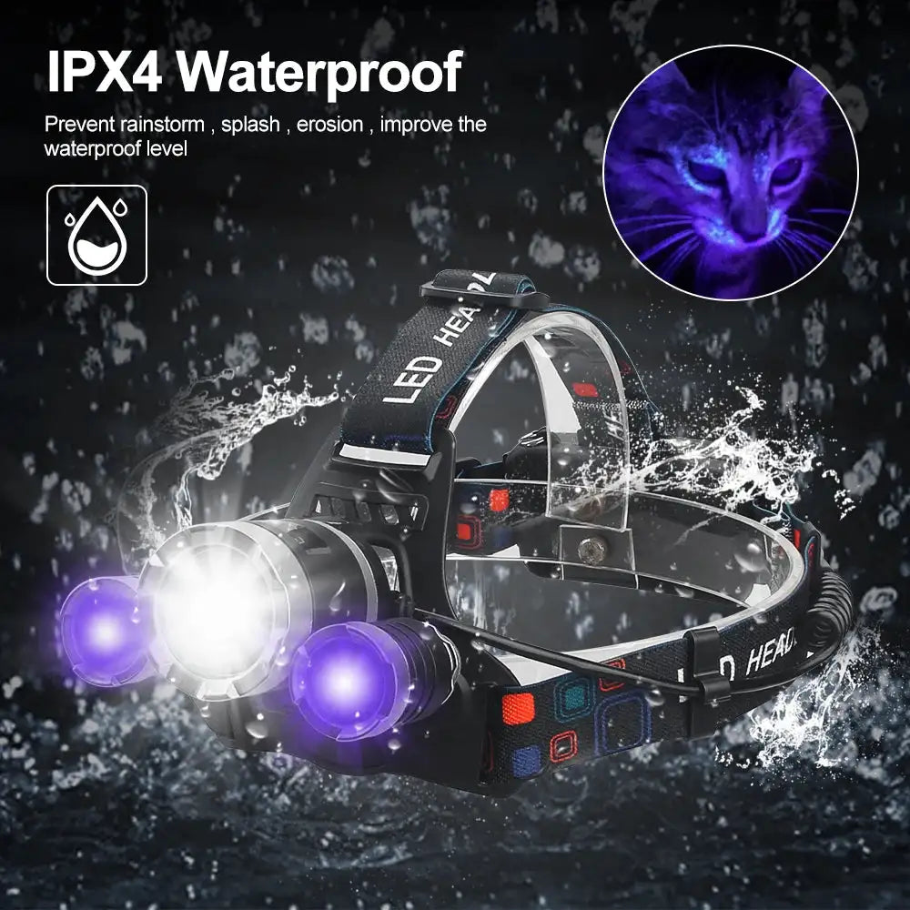 Headlamp Green/Red/UV395nm+White Dual Light Rechargeable Fixed Focus Waterproof 4Modes Headlight Hunting Camping Hiking Working - Lootquake