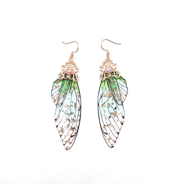 Boucles d'oreilles en forme d'ailes de fée faites à la main, en forme d'ailes de papillon, d'insectes, en forme de goutte, en feuille de strass, bijoux de mariée romantiques