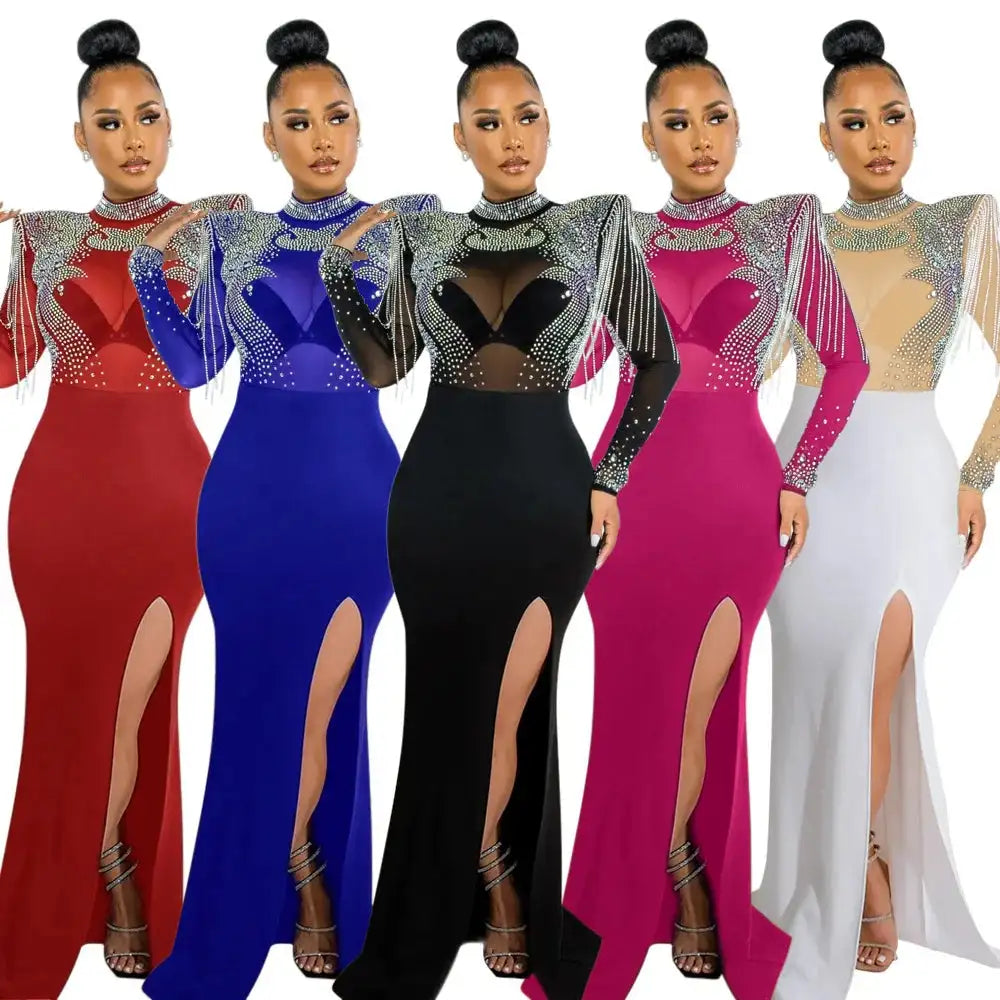 CM.YAYA Women Mesh See Through Long Sleeve Diamonds Hot Rhinestones Mermaid Long Dress Fall Evening Sexy Party Dresses Vestidos - Lootquake