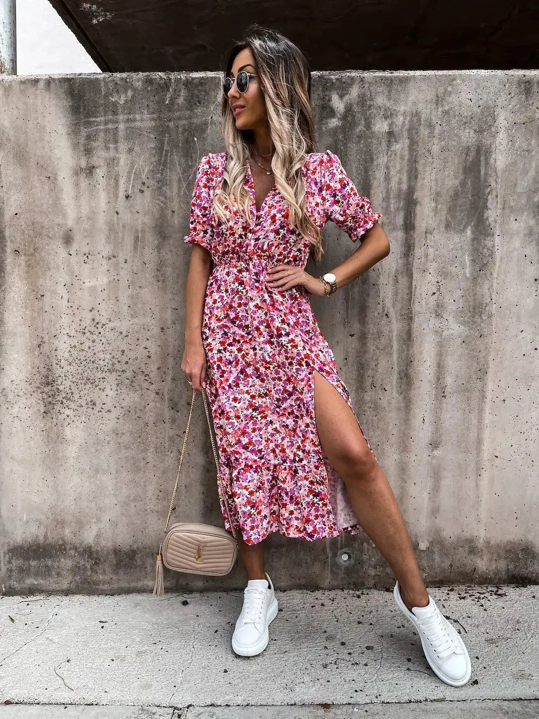 Summer Floral Print Dress Women V Neck Side Slit Long Dress Elegant Short Sleeve Button Slim Spring Female Party Dress Vestidos - Lootquake