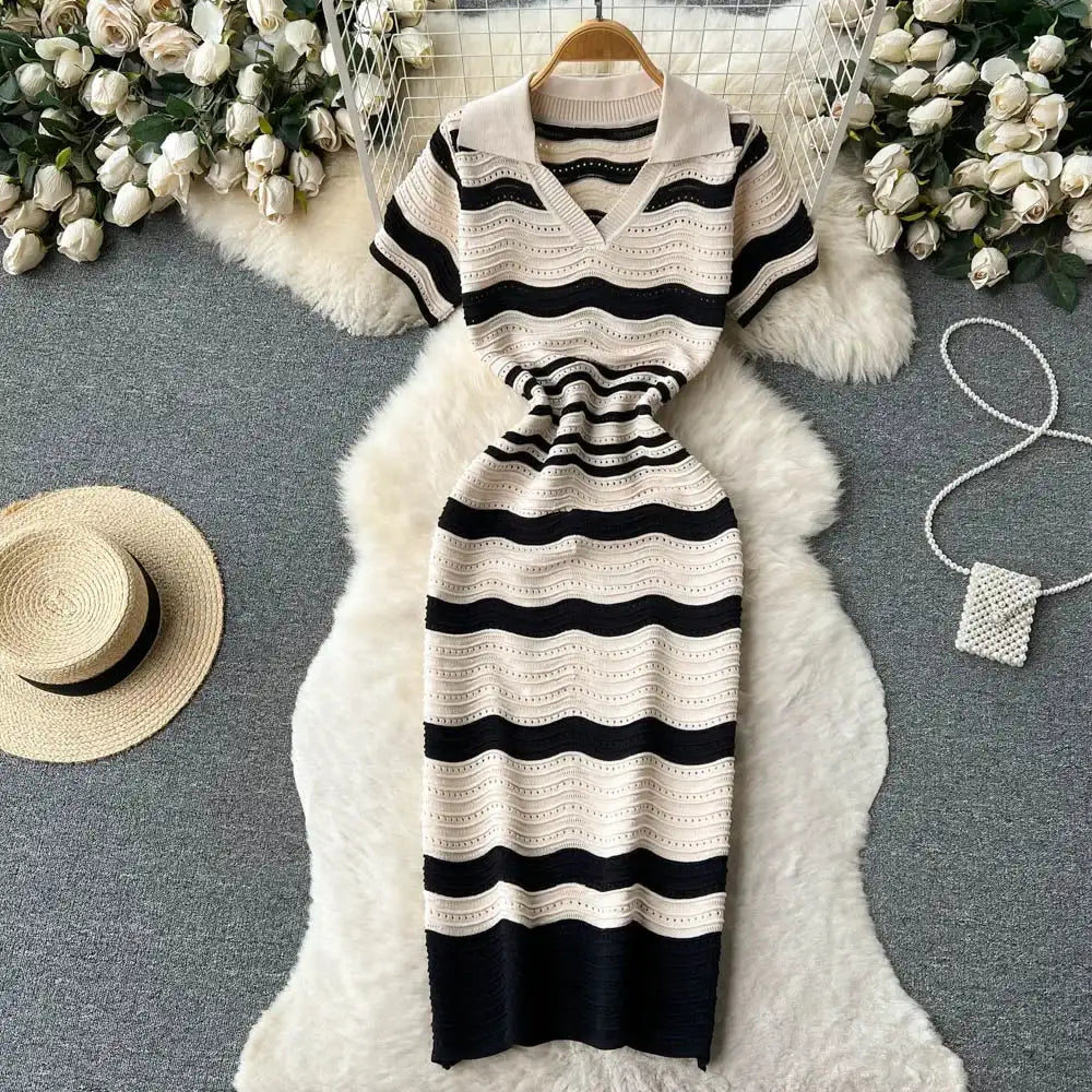 Short Sleeves Striped Long Dress Lapel Neck Hollow Out Slim Bodycon Sundress Fashion Hotsweet Knitted Beach Midi Dress - Lootquake
