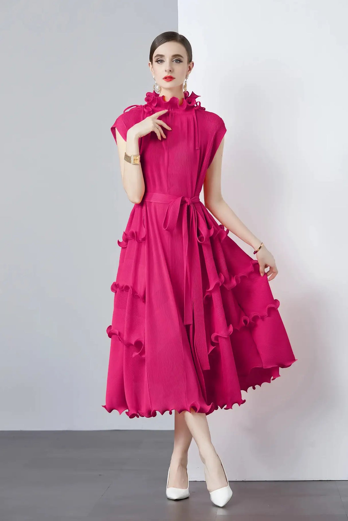 Miyake Pleated Shoulder Bag Heavy Industry Wood Ear Edge Pleated Lace-up Belt Long Dress Stand Collar Plus Size Women's Clothing