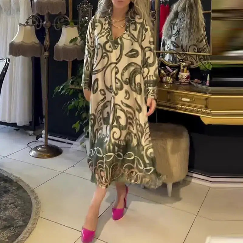 Vintage Fashion Printed V-neck Long Dress Women Spring Long-sleeved Loose Bohemian Dress Autumn Casual A-Line Maxi Dress Vestido - Lootquake