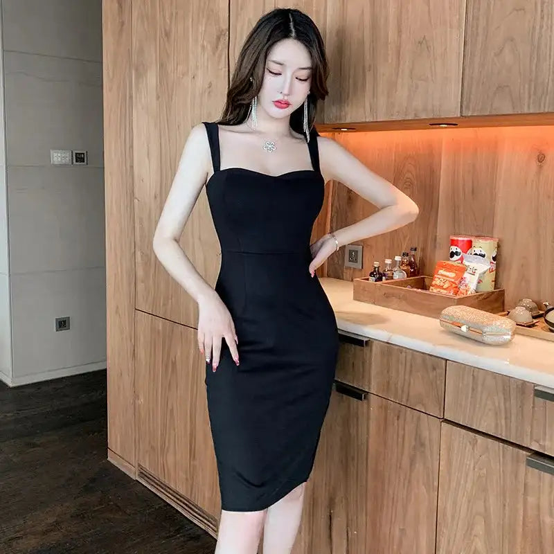 Sweet Fashion Slash Neck Long Dress Sexy Office Lady Straps Slim Medium Dress Elegant Women 2023 New Sweet Spice Girls 4CWT - Lootquake