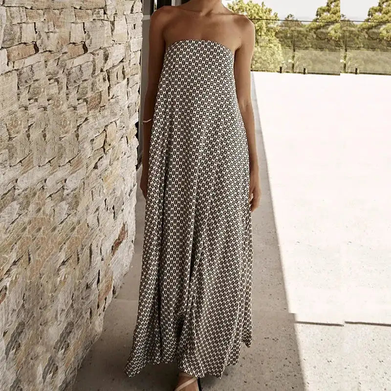 Fashion Strapless High Waisted Long Dress Women Casual Off Shoulder Pleated Bohemian Dress Elegant Pattern Printed Holiday Dress - Lootquake