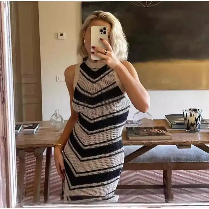 Striped Knitted Long Dress Women O-neck Backless Hollowed Out Long Sleeves Lady Bodycon Dress 2024 Spring Summer Vacation Robe - Lootquake