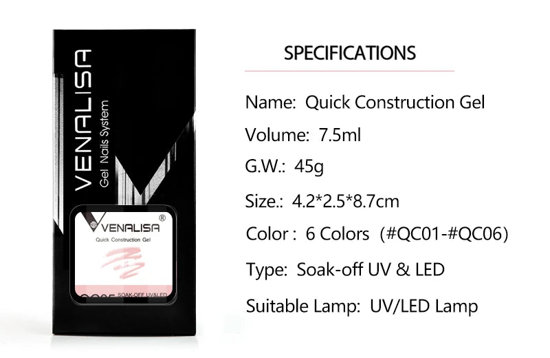 VENALISA - Gel de construcción rápida de 7,5 ml, semitransparente, gel fortalecedor para uñas, secado rápido, UV LED, color nude, rosa
