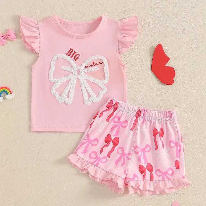 Cute Matching Baby Toddler Brother Outfit Bow Fly Sleeve Tops Elastic Waist Ruffle Shorts 2 Piece Summer Set for Siblings - Lootquake