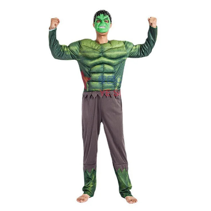 Halloween Party Costumes Adult Green Giant Muscle Model Clothing,CosplayJumpsuits And Hulk Masks, Children Adult Cosplay Clothes
