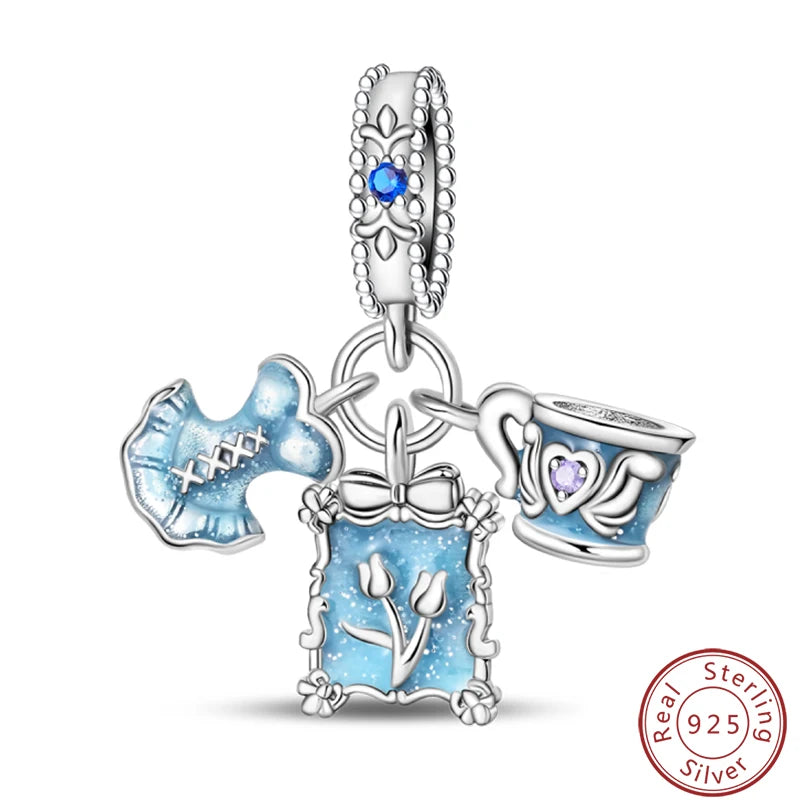 Ensemble de trois breloques en argent sterling S925, perles de 3 mm, motif princesse, golf, hamster, appareil photo, voyage, fabrication de bijoux fins