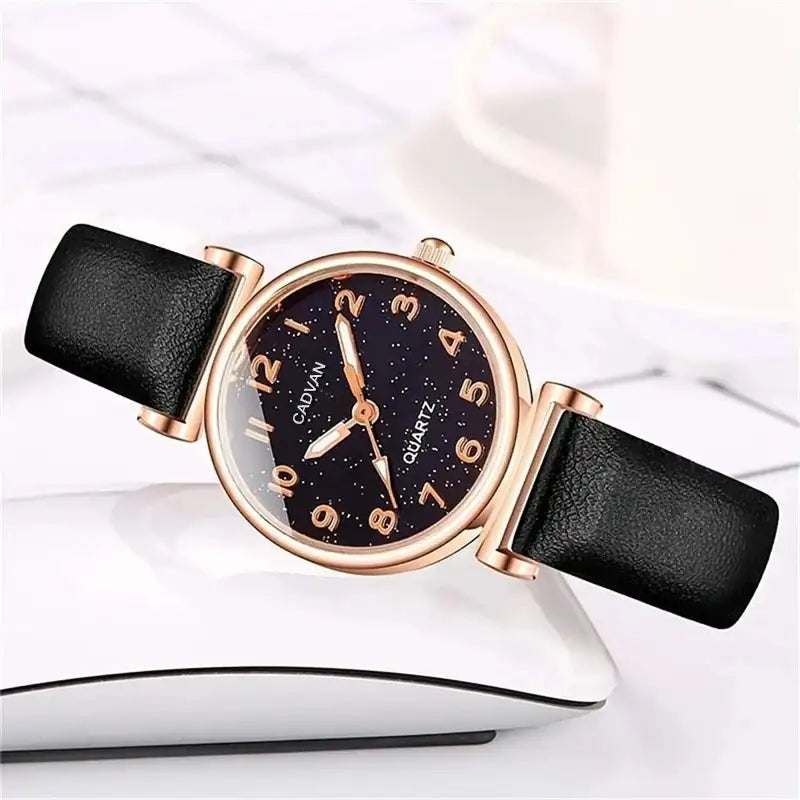 5pcs Set Women Fashion Casual Leather Belt Watches Simple Ladies Starry Sky Round Dial Quartz Wristwatches Dress Clock - Lootquake