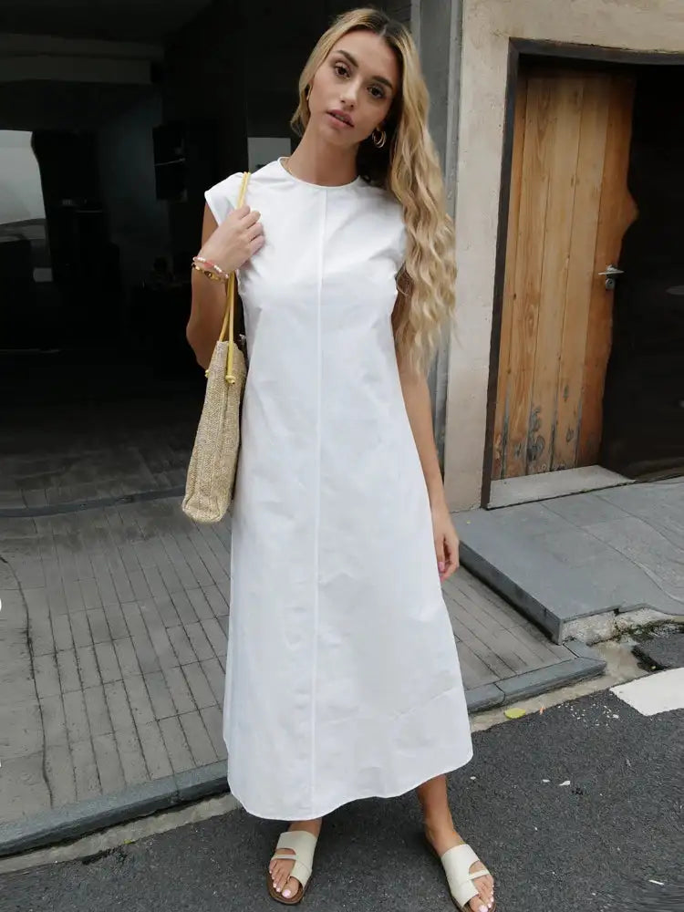 Women 2024 Summer White Simple Classic White Long dress - Lootquake