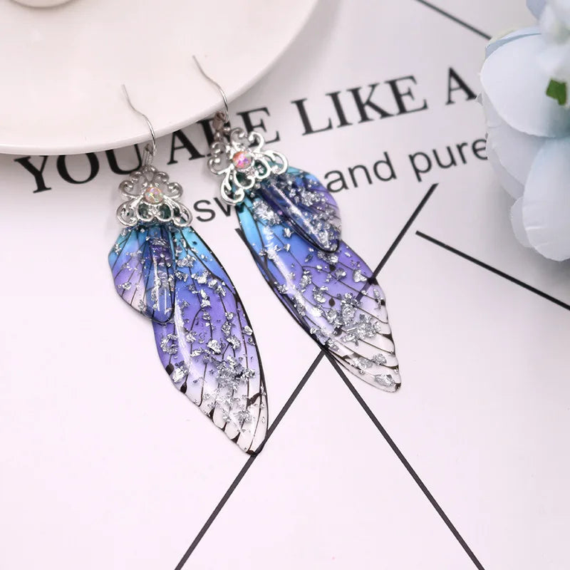 New Handmade Fairy Simulation Wing Earrings Insect Butterfly Wing Drop Earrings Foil Rhinestone Earrings Romantic Bridal Jewelry - Lootquake