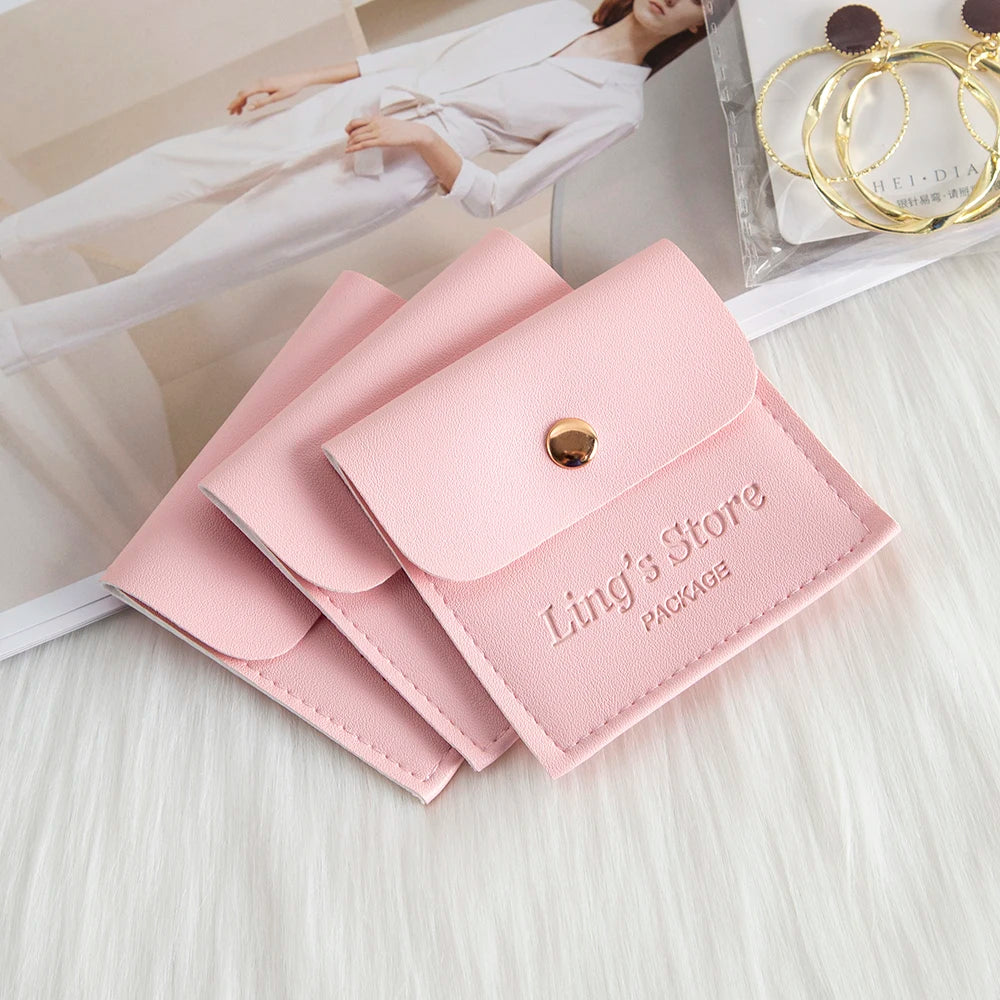 50/100Pcs Custom Logo 8x8cm PU Leather Jewelry Snap Bag Gold Button Pouches Ring Earring Necklace Wedding Favors Gift Organizer - Lootquake