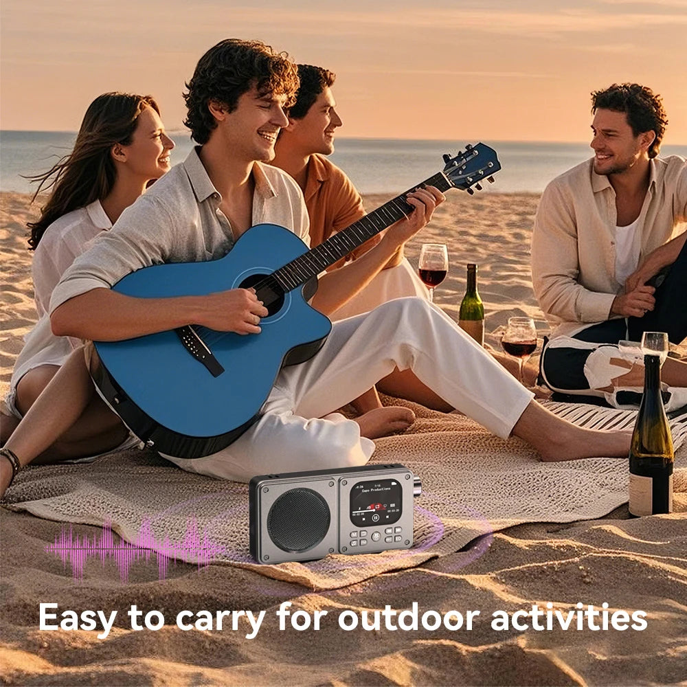 Altavoces inalámbricos Bluetooth 5.4 de 87,5-108 MHz, radio FM portátil para exteriores, reproductor de música MP3, compatible con auriculares, tarjeta TF, reloj con vídeo.