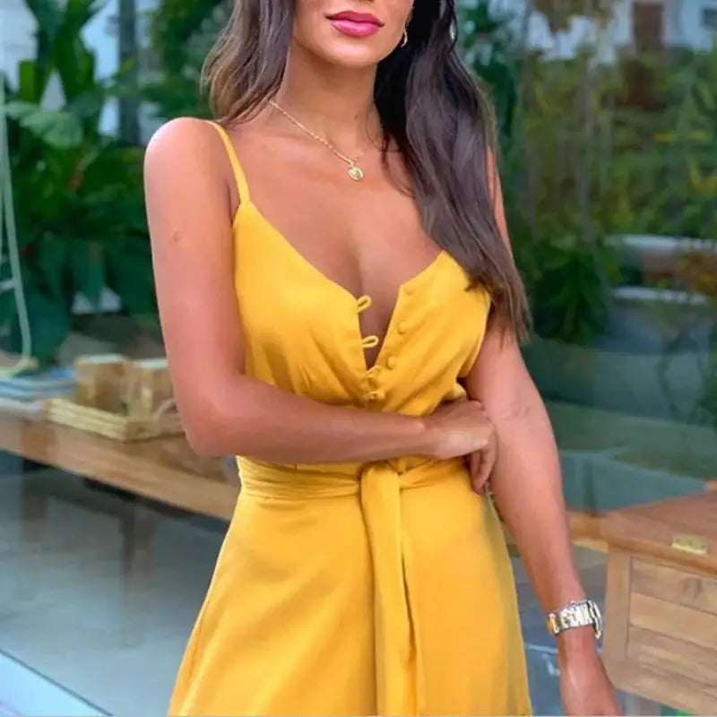 Elegant and Sexy Summer Women's V-neck Beach Dress with High Waist Waist Waist Waist Belt and Sling Long Dress for Party - Lootquake