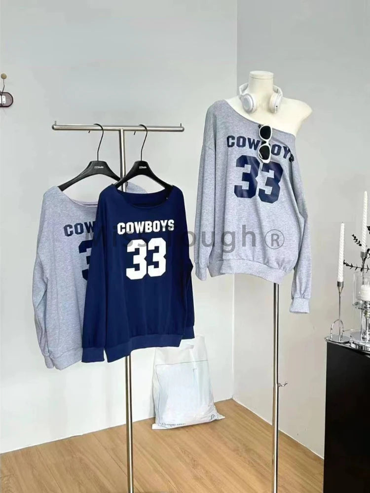 Autumn New America Retro Spice Girl Clothing Women Y2 Oblique Shoulder Long Sleeves T-shirt Female Loose Oversize Lazy Style Top - Lootquake