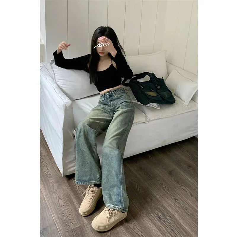 Vintage 90S Baggy Straight Denim Trousers Female Y2K High Waist Loose Wide Leg Jeans Women Streetwear All-Match Casual Pants New - Lootquake